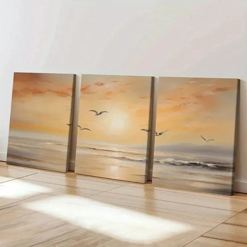 3pcs Sunset Scene & Seagulls Flying Over Ocean Wall Art Set Canvas Framed 60x90cm - High Quality Print 100% Australian Made Wall Canvas Ready to Hang - Bella Home Decor