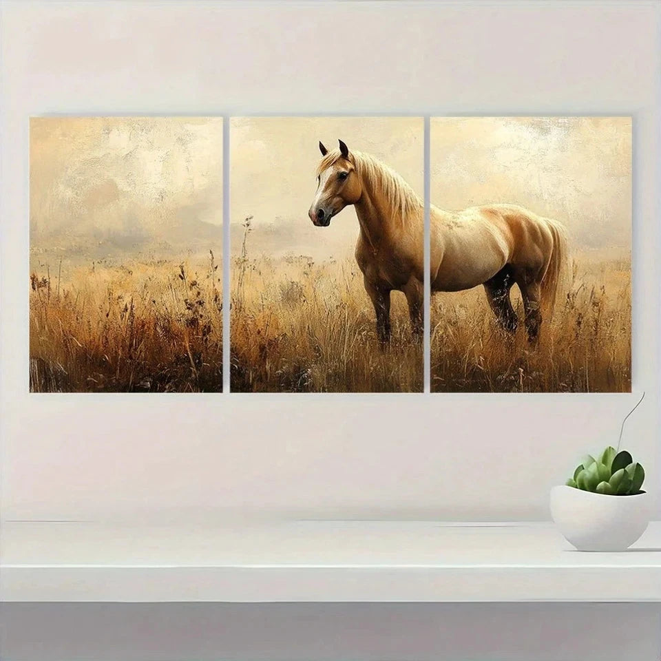 3pcs Brown Horse Tranquil Theme Metal Print Ready to Hang Art - Bella Home Decor