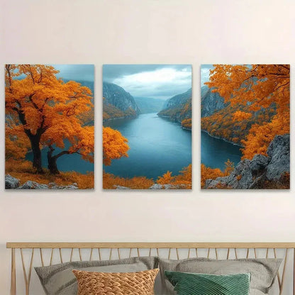 3pcs Danube River Autumn Foliage & Golden Trees  Wall Art Set Canvas Framed 50x70cm - High Quality Print 100% Australian Made Wall Canvas Ready to Hang - Bella Home Decor