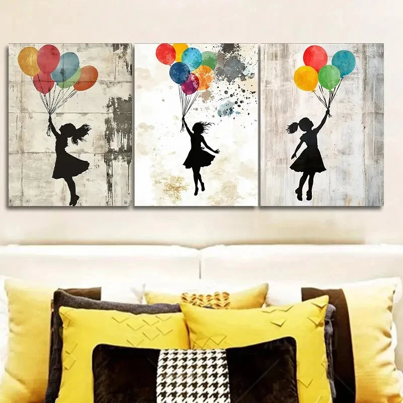 3pcs Featuring a Girl with Balloons Decorating Wall Art Set Canvas Framed 40x60cm - High Quality Print 100% Australian Made Wall Canvas Ready to Hang