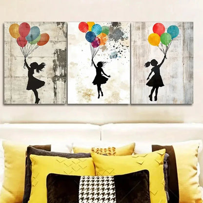 3pcs Featuring a Girl with Balloons Decorating Wall Art Set Canvas Framed 40x60cm - High Quality Print 100% Australian Made Wall Canvas Ready to Hang