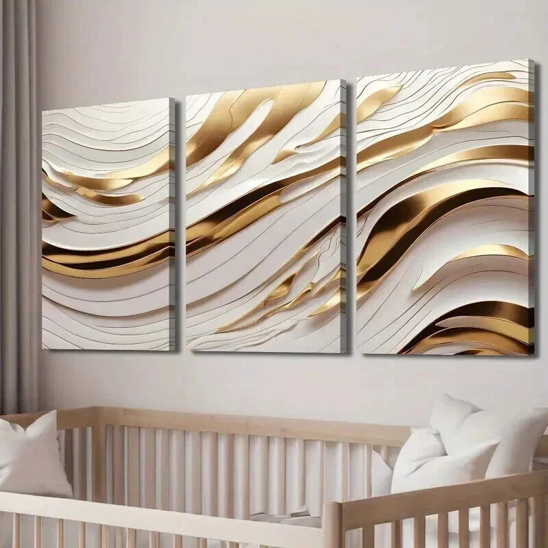 3pcs White Golden Wave Lines Creative Perfect Wall Art Set Canvas Framed 50x70cm - High Quality Print 100% Australian Made Wall Canvas Ready to Hang - Bella Home Decor