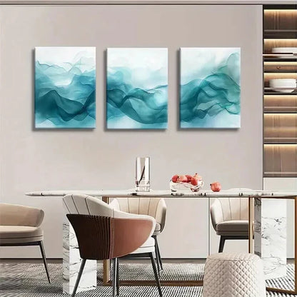 3pcs Minimalist Fluid Teal Wave Design Wall Art Canvas Unframed - High Quality Print 100% Australian Made Wall Canvas