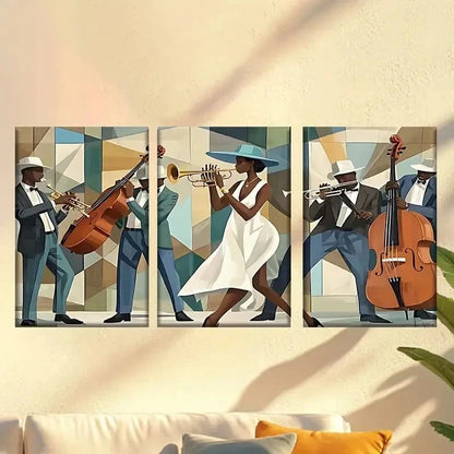 3pcs jazz musicians in a jazz scene Wall Art Set Canvas Framed 60x90cm - High Quality Print 100% Australian Made Wall Canvas Ready to Hang