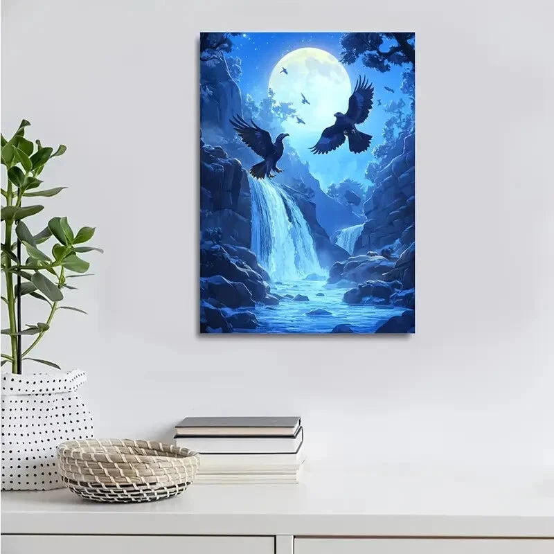 Enchanting Hawk & Moonlight Waterfall Painting 40x60cm Metal Print Ready to Hang - Bella Home Decor