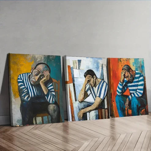 3pcs Striped Shirt Man Painting Sad Darkness Wall Art Set Canvas Unframed - High Quality Print 100% Australian Made Wall Canvas