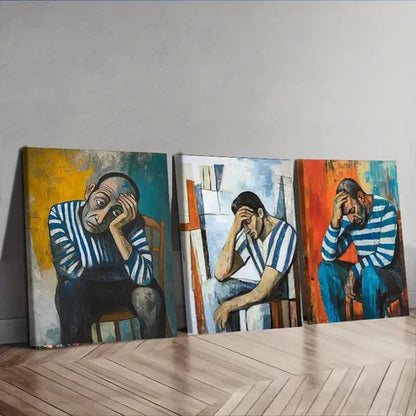 3pcs Striped Shirt Man Painting Sad Darkness Wall Art Set Canvas Unframed - High Quality Print 100% Australian Made Wall Canvas