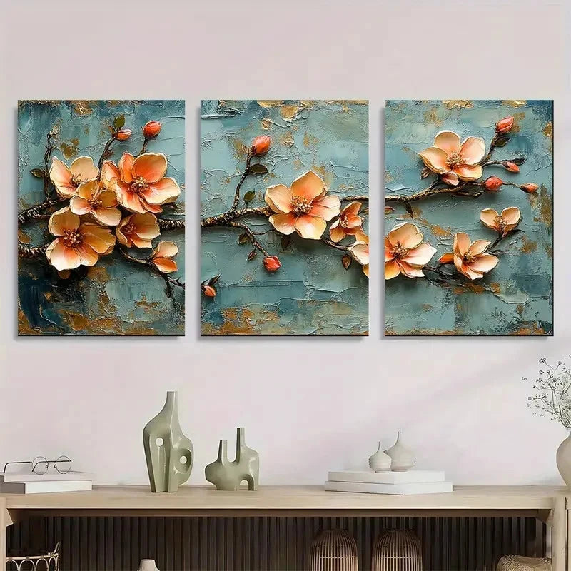 3pcs Golden Leaf Blossom Floral Golden Perfect Wall Art Set Canvas Framed 40x60cm - High Quality Print 100% Australian Made Wall Canvas Ready to Hang