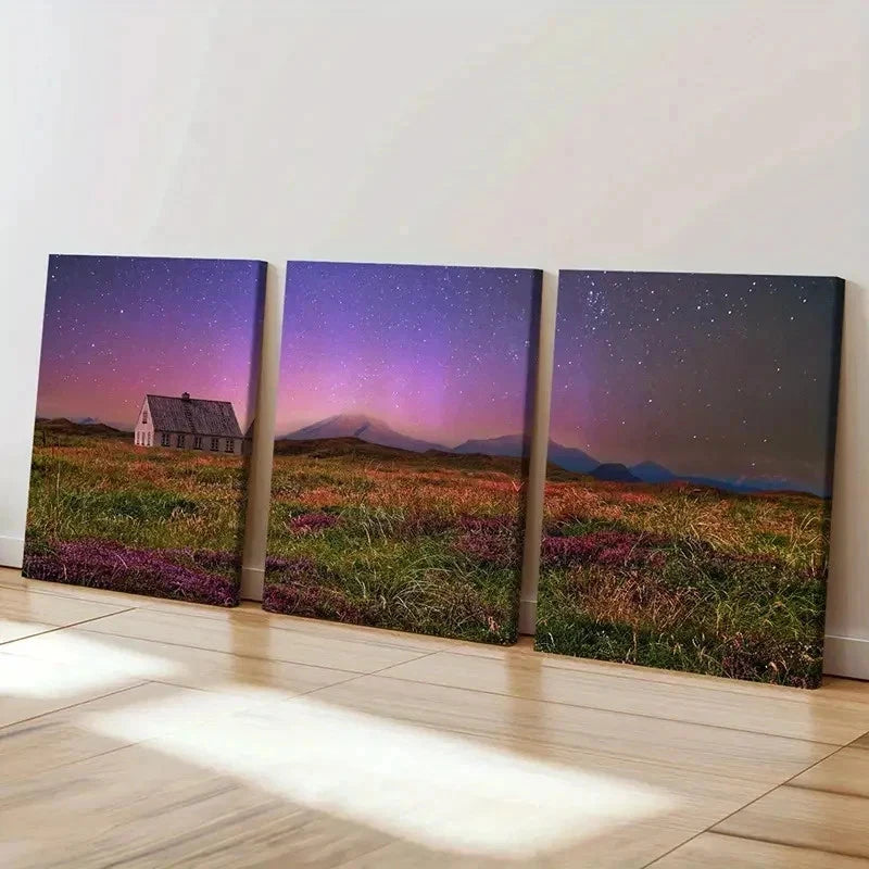 3pcs Starry Night Scene Grassland & Cabin Wall Art Set Canvas Framed 60x90cm - High Quality Print 100% Australian Made Wall Canvas Ready to Hang