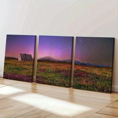 3pcs Starry Night Scene Grassland & Cabin Wall Art Set Canvas Framed 60x90cm - High Quality Print 100% Australian Made Wall Canvas Ready to Hang