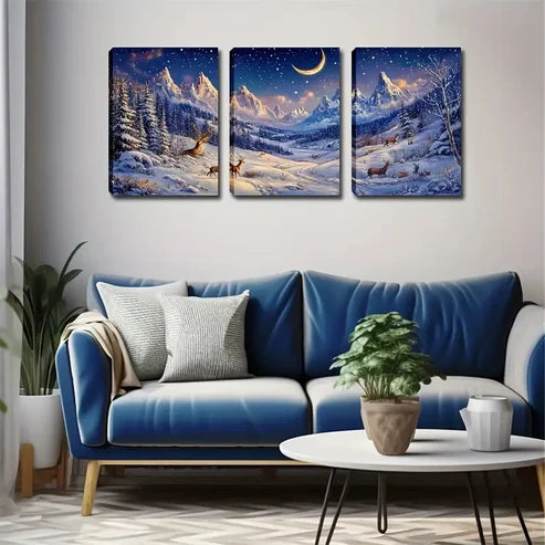 3pcs Snow-Capped Mountains & Starry Night Wall Art Set Canvas Unframed - High Quality Print 100% Australian Made Wall Canvas