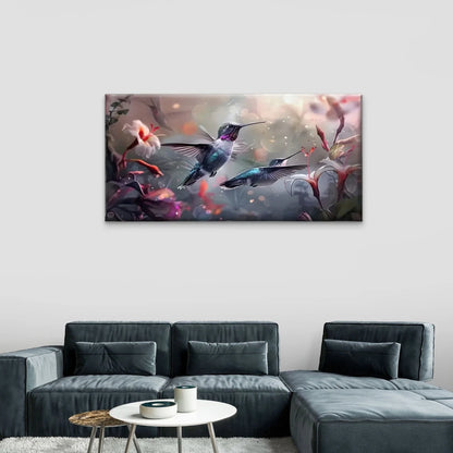 Hummingbirds Flowers Nature Wall Art Canvas Office Home Room Framed 120x60cm
