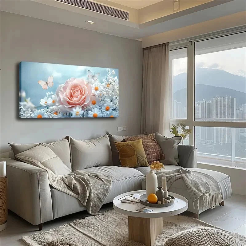Featuring a Soft Pink Rose Wall Art Canvas Office Home Room Framed 120x60cm - Bella Home Decor