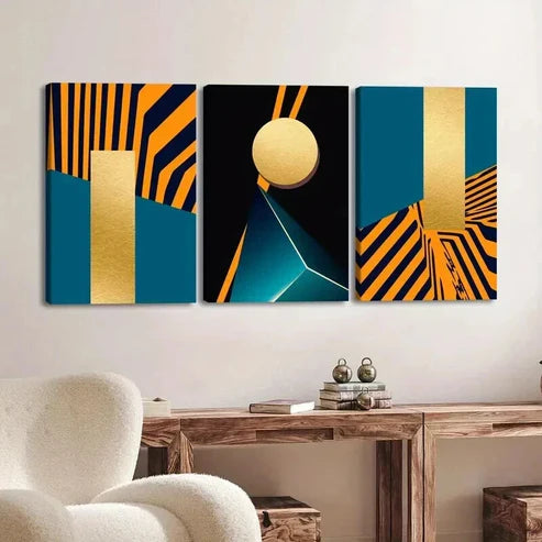 3pcs Geometric Orange & Golden Abstract Designs Set Canvas Unframed - High Quality Print 100% Australian Made Wall Canvas - Bella Home Decor