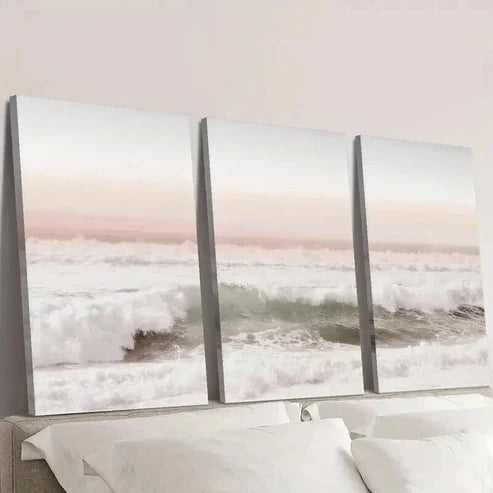 3pcs Pink Coast Sunset Ocean Scenery Wall Art Canvas Unframed - High Quality Print 100% Australian Made Wall Canvas
