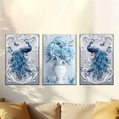 3pcs Peacock, vase filled with flowers Wall Art Set Canvas Framed 60x90cm - High Quality Print 100% Australian Made Wall Canvas Ready to Hang