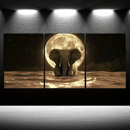 3pcs The Elephant Under The Moon Metal Print Ready to Hang Art - Bella Home Decor