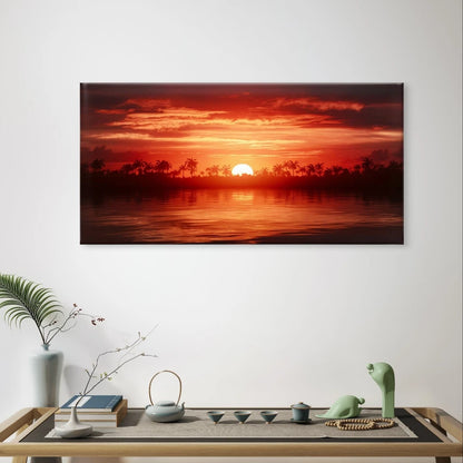 Fiery Tropical Sunset and Palm Tree Wall Art Canvas Office Home Framed 120x60cm