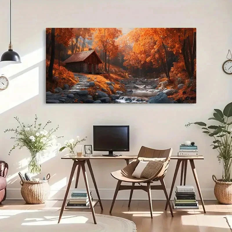 Autumn Forest Floral Cabin Wall Art Canvas Office Home Room Framed 120x60cm