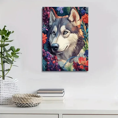 Vibrant Siberian Husky with Colorful Floral Painting 40x60cm Metal Print Ready to Hang