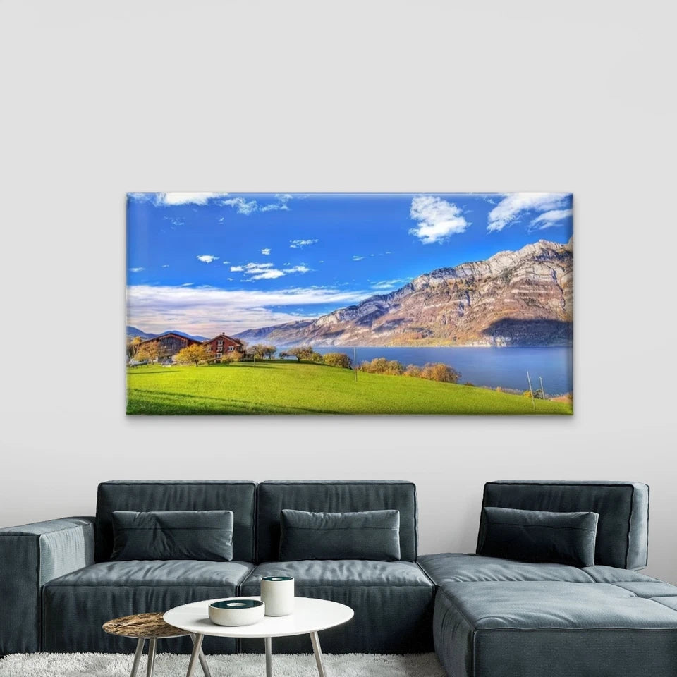 Lakeside House with Mountains Wall Art Canvas Office Home Room Framed 120x60cm