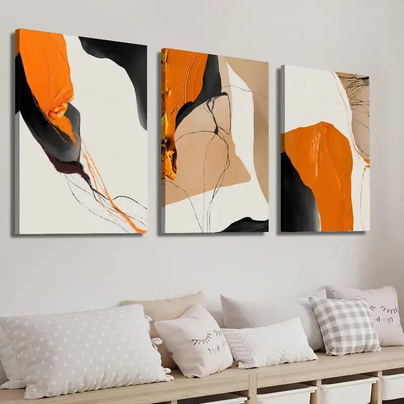 3pcs Orange Black & White Brushstroke Perfect Wall Art Set Canvas Framed 60x90cm - High Quality Print 100% Australian Made Wall Canvas Ready to Hang - Bella Home Decor
