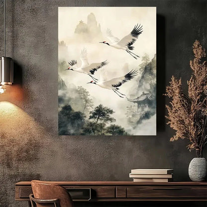 Beautiful Elegant Crane Flight Asian Painting 40x60cm Metal Print Ready to Hang - Bella Home Decor
