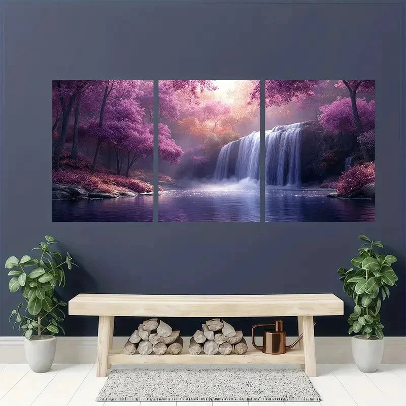 3pcs Purple Trees Forest Landscape Wall Art Set Canvas Framed 50x70cm - High Quality Print 100% Australian Made Wall Canvas Ready to Hang