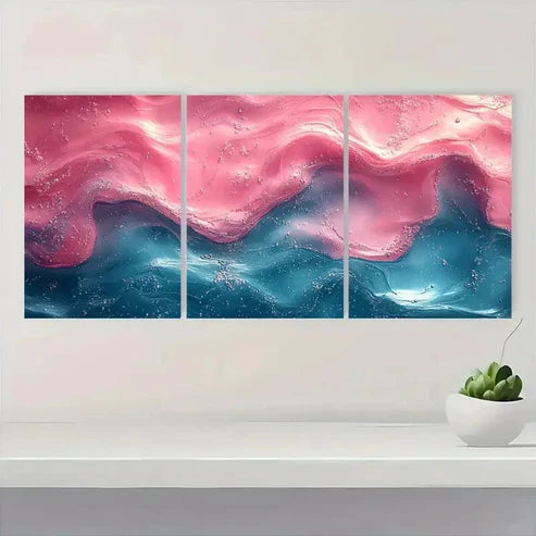 3pcs Vibrant Pink & Green Swirls on Blue GT  Wall Art Set Canvas Unframed - High Quality Print 100% Australian Made Wall Canvas - Bella Home Decor