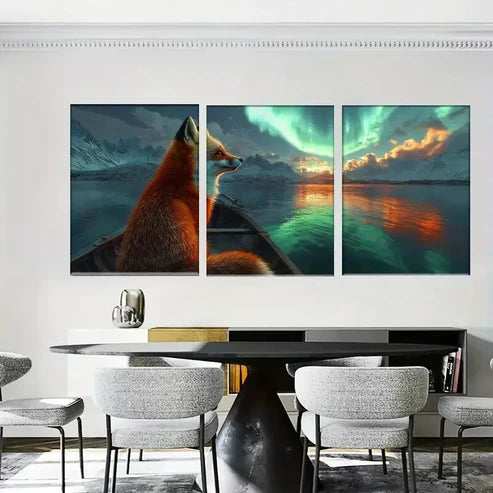 3pcs Aurora Borealis Fox Canvas Print Northern Wall Art Canvas Unframed - High Quality Print 100% Australian Made Wall Canvas - Bella Home Decor
