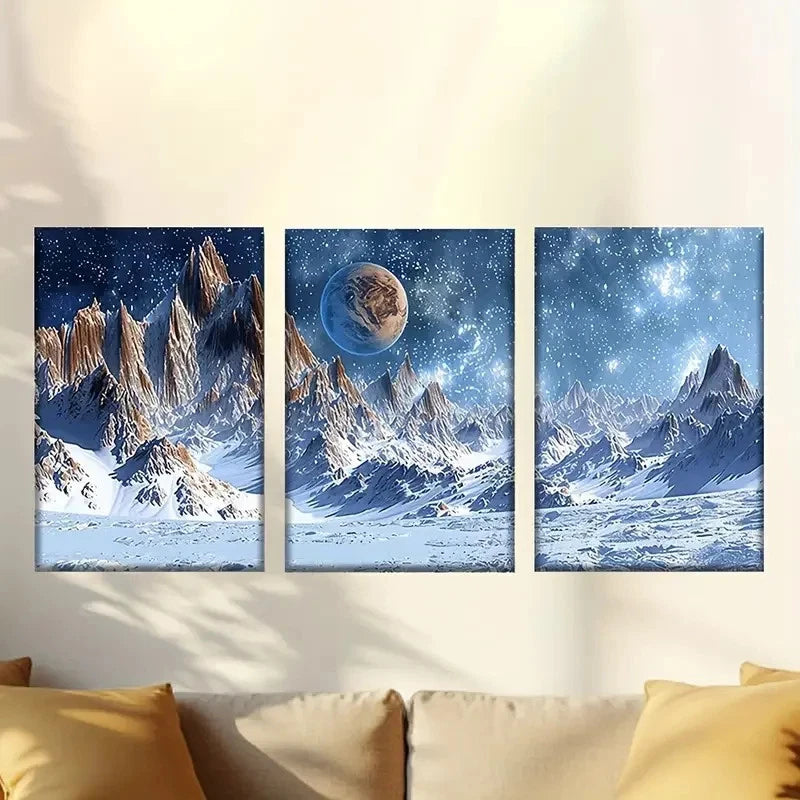 3pcs Charming Snowy Blue Starry Sky 40x60cm - High Quality Print 100% Australian Made Wall Canvas Ready to Hang - Bella Home Decor