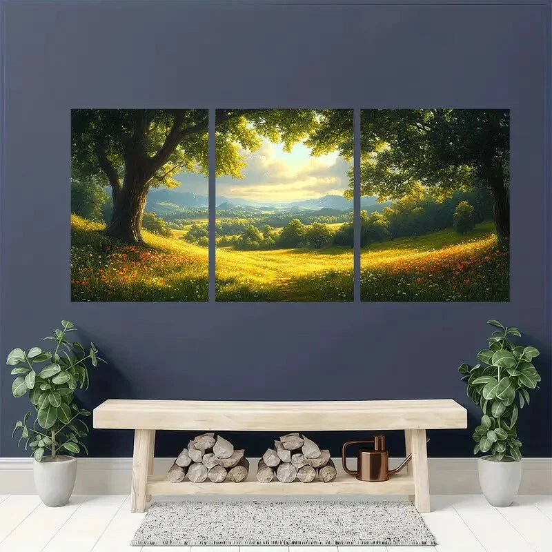 3pcs Pastoral Countryside Landscape with Trees Metal Print Ready to Hang Art - Bella Home Decor