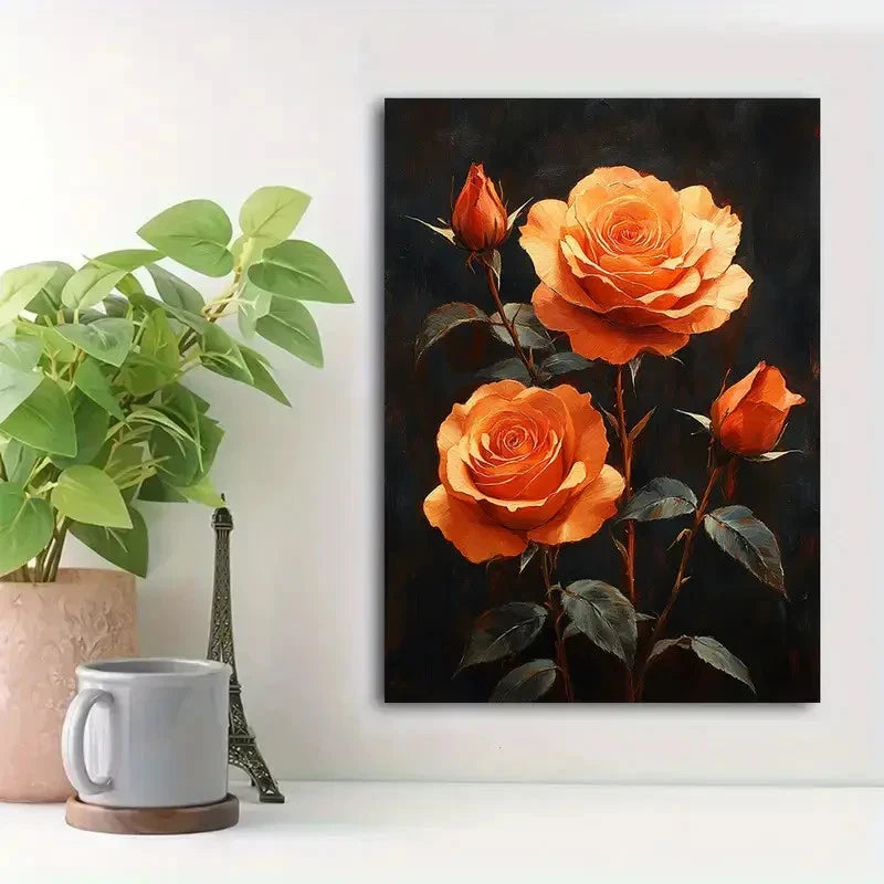 Beautiful Orange Roses & Green Leaves Painting 40x60cm Metal Print Ready to Hang - Bella Home Decor