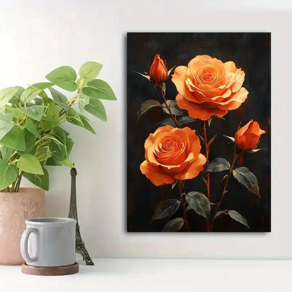 Beautiful Orange Roses & Green Leaves Painting 40x60cm Metal Print Ready to Hang - Bella Home Decor