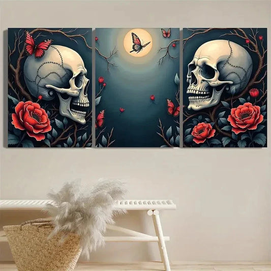 33pcs Gothic Skull and Floral Moonlight Wall Art Set Canvas Framed 50x70cm - High Quality Print 100% Australian Made Wall Canvas Ready to Hang