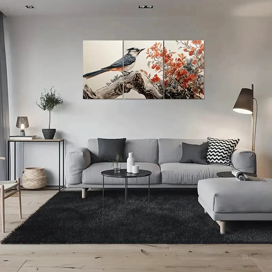 3pcs Bird on Branch with Red Flowers Nature Wall Art Set Canvas Framed 60x90cm - High Quality Print 100% Australian Made Wall Canvas Ready to Hang