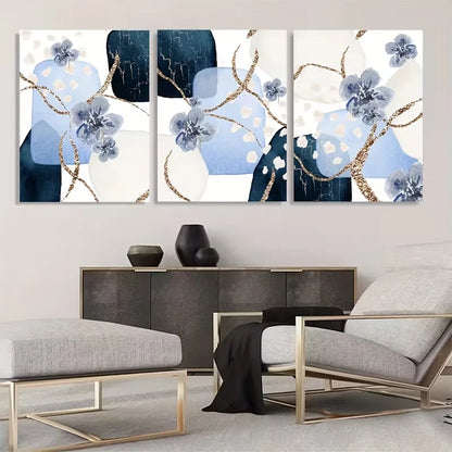 3pcs Navy Blue and Golden Watercolor Shapes Wall Art Set Canvas Framed 40x60cm - High Quality Print 100% Australian Made Wall Canvas Ready to Hang