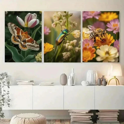 3pcs Butterfly, Beetle, Bee, Flowers Wall Art Set Canvas Unframed - High Quality Print 100% Australian Made Wall Canvas - Bella Home Decor