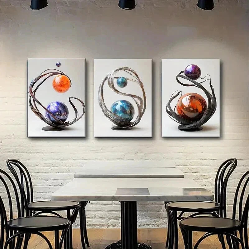 3pcs Modern Abstract Metal Sphere Yang Perfect Wall Art Set Canvas Framed 50x70cm - High Quality Print 100% Australian Made Wall Canvas Ready to Hang