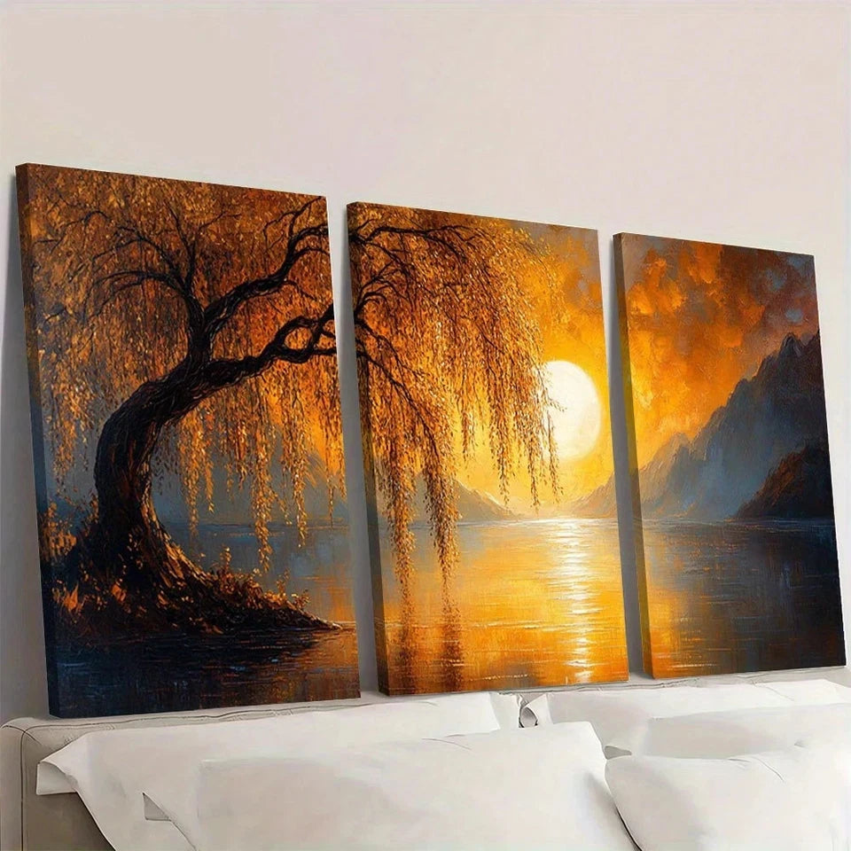3pcs Painting Weeping Willow Charming Wall Art Set Canvas Framed 60x90cm - High Quality Print 100% Australian Made Wall Canvas Ready to Hang