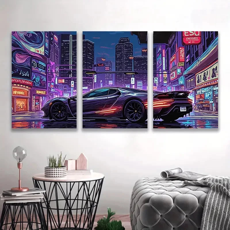3pcs Bugatti La Voiture Noire City Night    Wal1l Art Set Canvas Framed 40x60cm - High Quality Print 100% Australian Made Wall Canvas Ready to Hang - Bella Home Decor