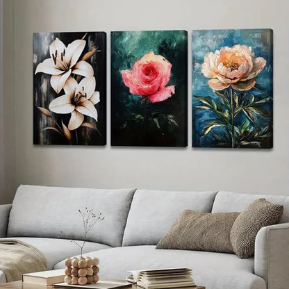 3pcs Florals Lily Rose Black Green & Blue Leaves Wall Art Set Canvas Unframed - High Quality Print 100% Australian Made Wall Canvas