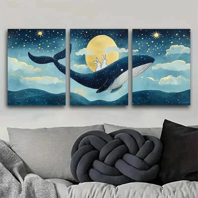 3pcs Rabbits Riding a Majestic Whale Perfect Wall Art Set Canvas Framed 50x70cm - High Quality Print 100% Australian Made Wall Canvas Ready to Hang - Bella Home Decor