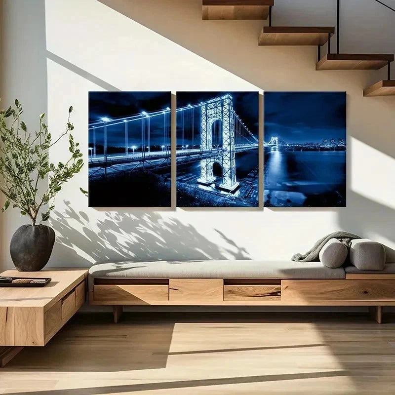 3pcs Blue Brooklyn Bridge Night Cityscape Wall Art Set Canvas Framed 40x60cm - High Quality Print 100% Australian Made Wall Canvas Ready to Hang - Bella Home Decor