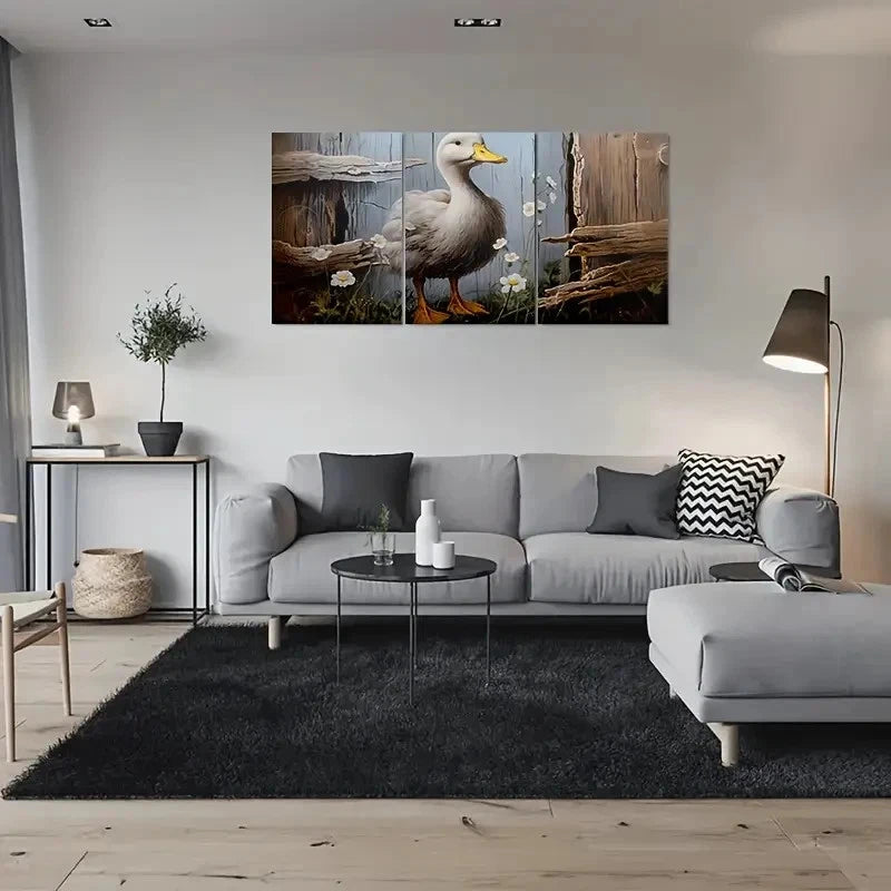 3pcs Vintage Whimsical Duck & Flowers Metal Print Ready to Hang Art