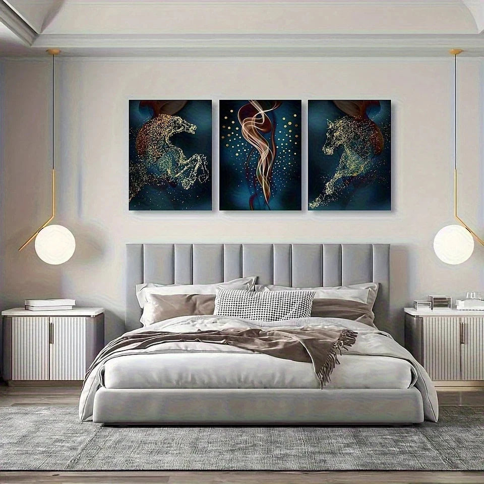 3pcs Golden Horse Abstract Luxury Modern Smoke Metal Print Ready to Hang Art - Bella Home Decor