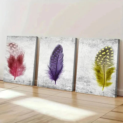 3pcs Colorful Abstract Feather Prints  Art Set Canvas Unframed - High Quality Print 100% Australian Made Wall Canvas - Bella Home Decor