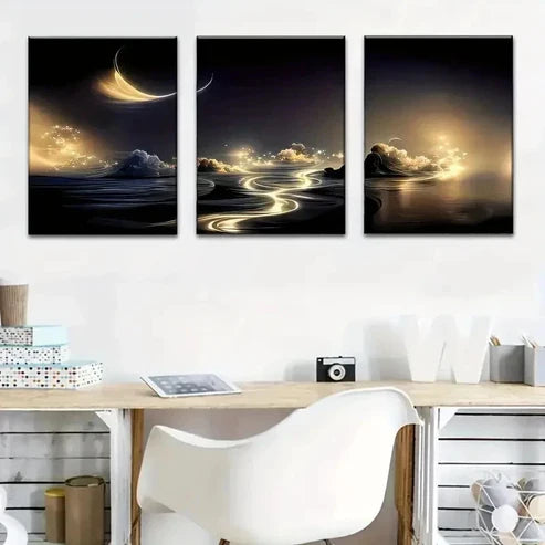 3pcs Golden Rivers & Starry Skies  Wall Art Set Canvas Unframed - High Quality Print 100% Australian Made Wall Canvas - Bella Home Decor