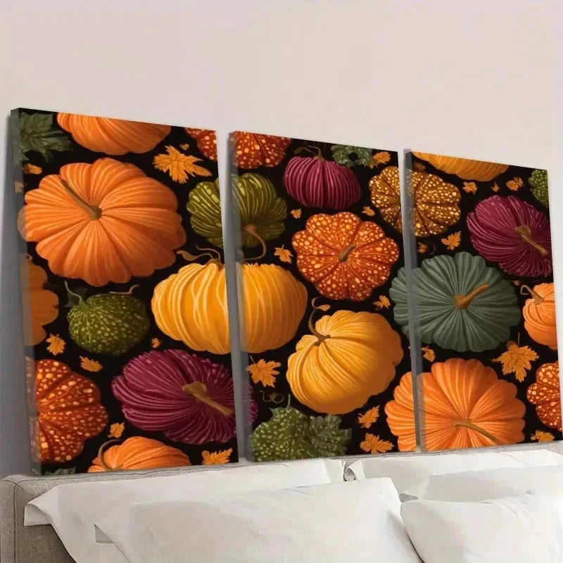 3pcs Seamless Pumpkin Pattern Wall Art Set Canvas Framed 60x90cm - High Quality Print 100% Australian Made Wall Canvas Ready to Hang