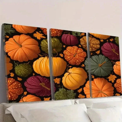 3pcs Seamless Pumpkin Pattern Wall Art Set Canvas Framed 60x90cm - High Quality Print 100% Australian Made Wall Canvas Ready to Hang
